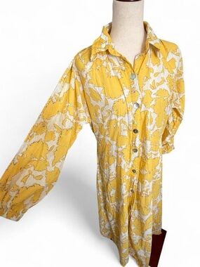 Sana Safinaz Fall Midi Shirt Dress Yellow White Long Sleeve Medium Modest Autumn